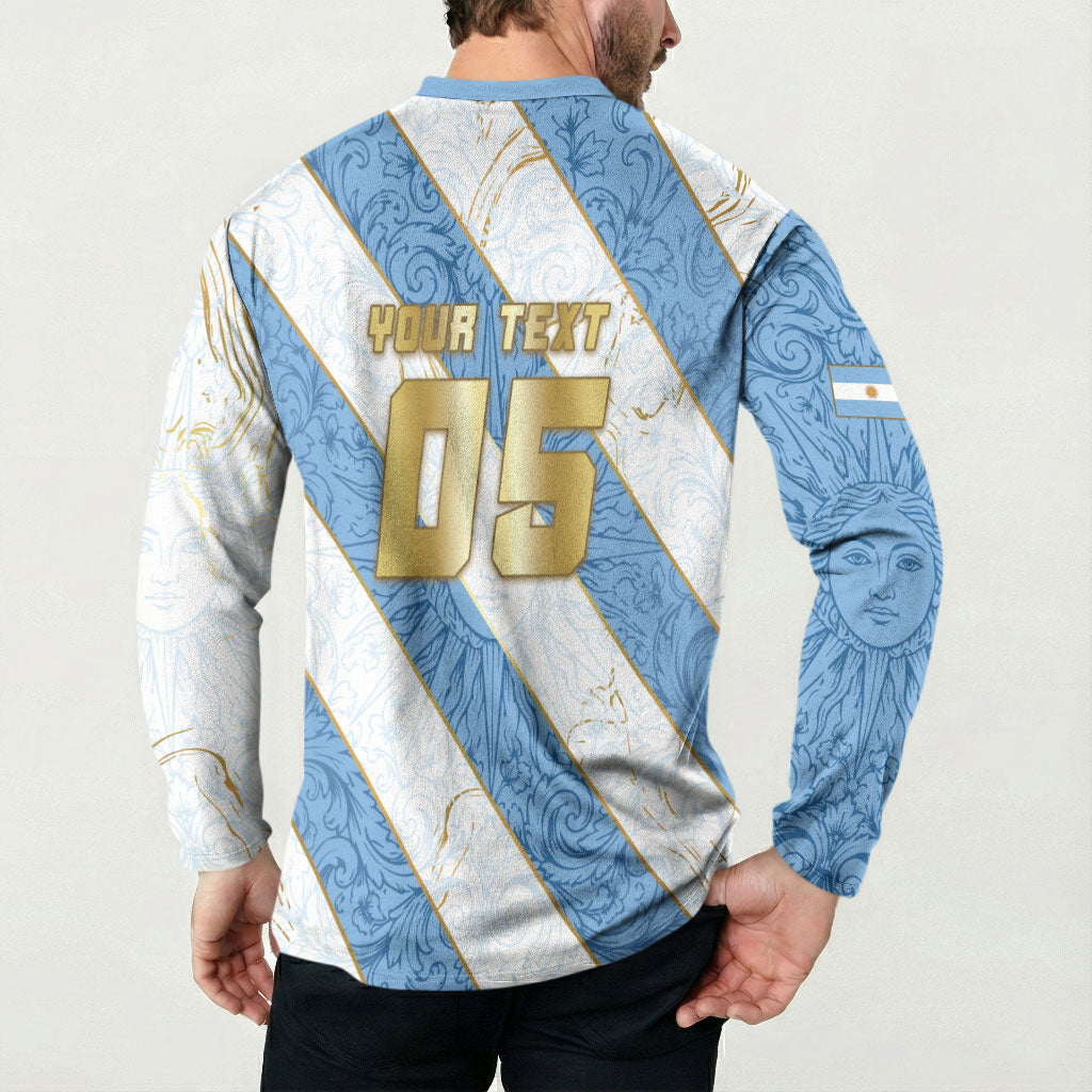Custom Argentina Football Button Sweatshirt Sun Of May Baroque Filigree Gold Striped Patterns