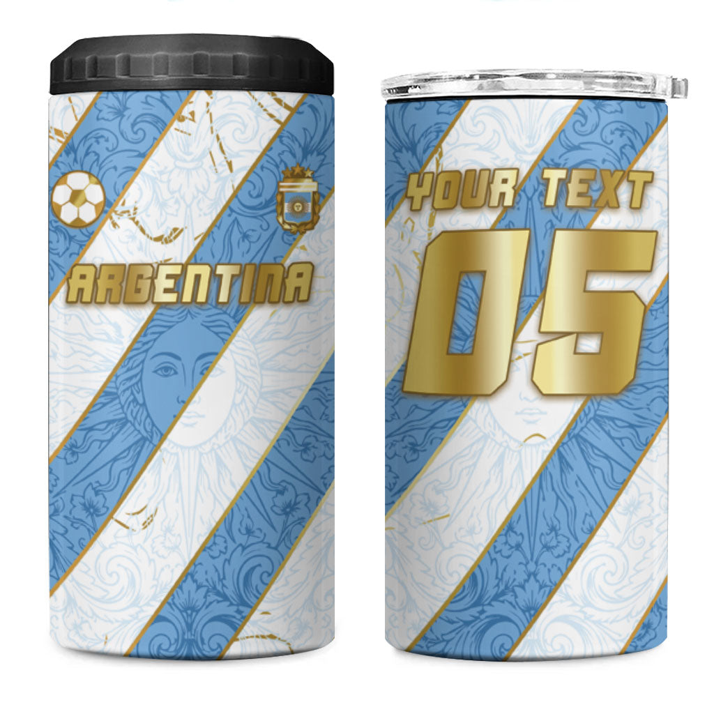 Custom Argentina Football 4 in 1 Can Cooler Tumbler Sun Of May Baroque Filigree Gold Striped Patterns