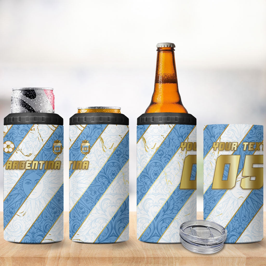Custom Argentina Football 4 in 1 Can Cooler Tumbler Sun Of May Baroque Filigree Gold Striped Patterns