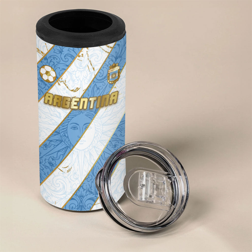 Custom Argentina Football 4 in 1 Can Cooler Tumbler Sun Of May Baroque Filigree Gold Striped Patterns