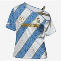 Custom Argentina Football Cross Shoulder Shirt Sun Of May Baroque Filigree Gold Striped Patterns