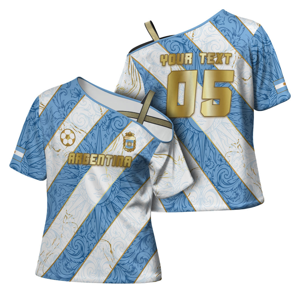 Custom Argentina Football Cross Shoulder Shirt Sun Of May Baroque Filigree Gold Striped Patterns