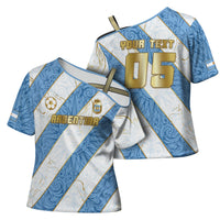 Custom Argentina Football Cross Shoulder Shirt Sun Of May Baroque Filigree Gold Striped Patterns