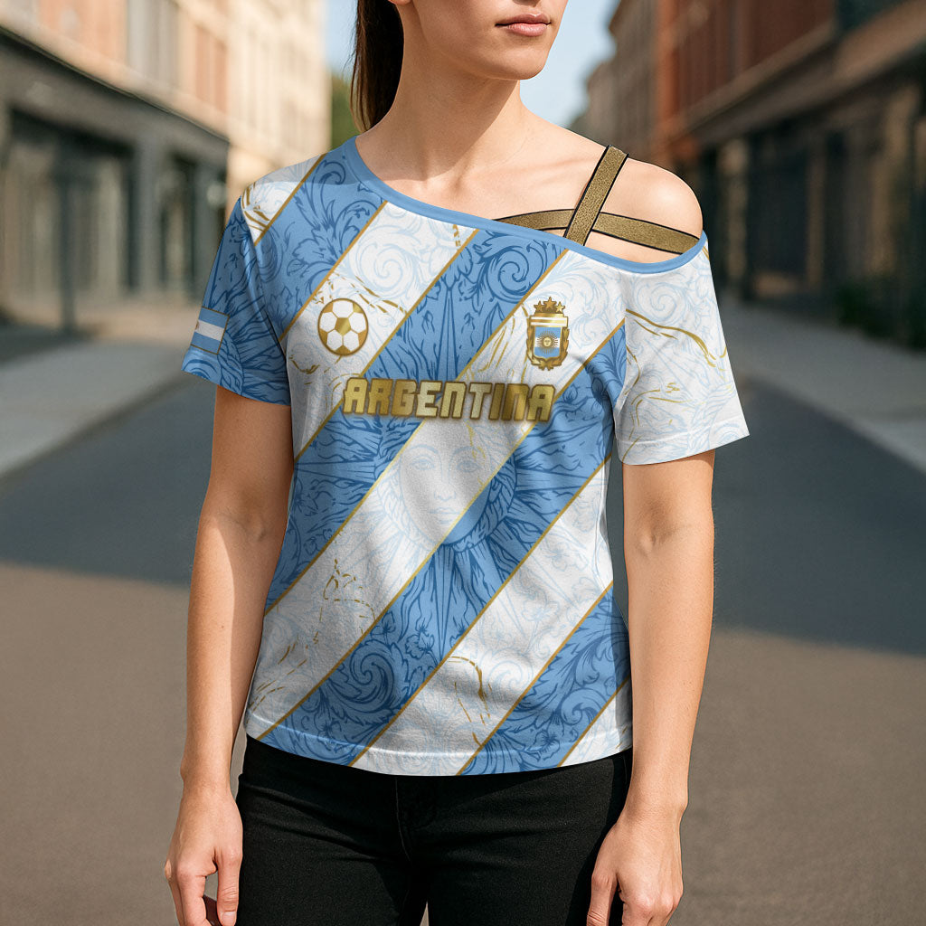 Custom Argentina Football Cross Shoulder Shirt Sun Of May Baroque Filigree Gold Striped Patterns