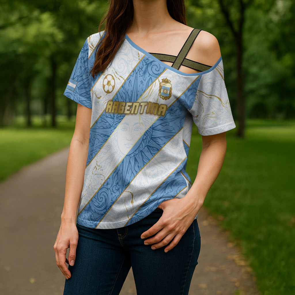 Custom Argentina Football Cross Shoulder Shirt Sun Of May Baroque Filigree Gold Striped Patterns