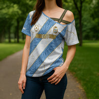 Custom Argentina Football Cross Shoulder Shirt Sun Of May Baroque Filigree Gold Striped Patterns