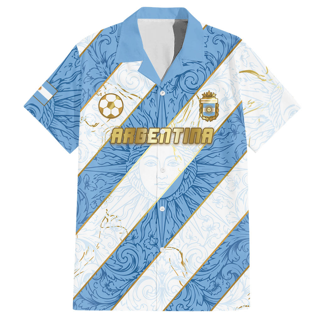 Custom Argentina Football Hawaiian Shirt Sun Of May Baroque Filigree Gold Striped Patterns