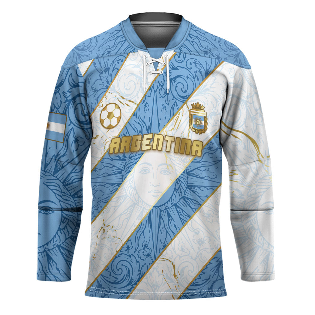 Custom Argentina Football Hockey Jersey Sun Of May Baroque Filigree Gold Striped Patterns