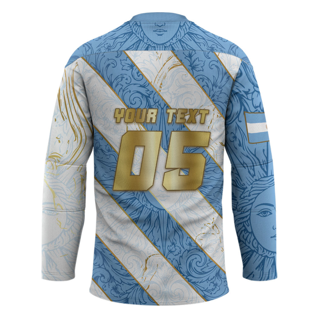 Custom Argentina Football Hockey Jersey Sun Of May Baroque Filigree Gold Striped Patterns