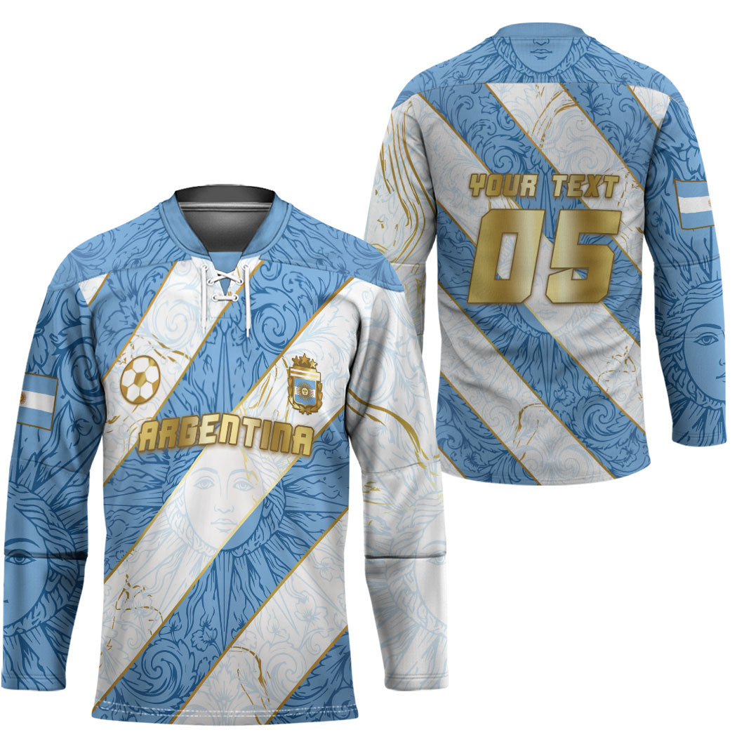 Custom Argentina Football Hockey Jersey Sun Of May Baroque Filigree Gold Striped Patterns