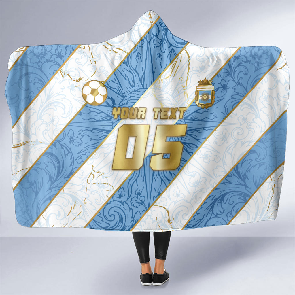 Custom Argentina Football Hooded Blanket Sun Of May Baroque Filigree Gold Striped Patterns