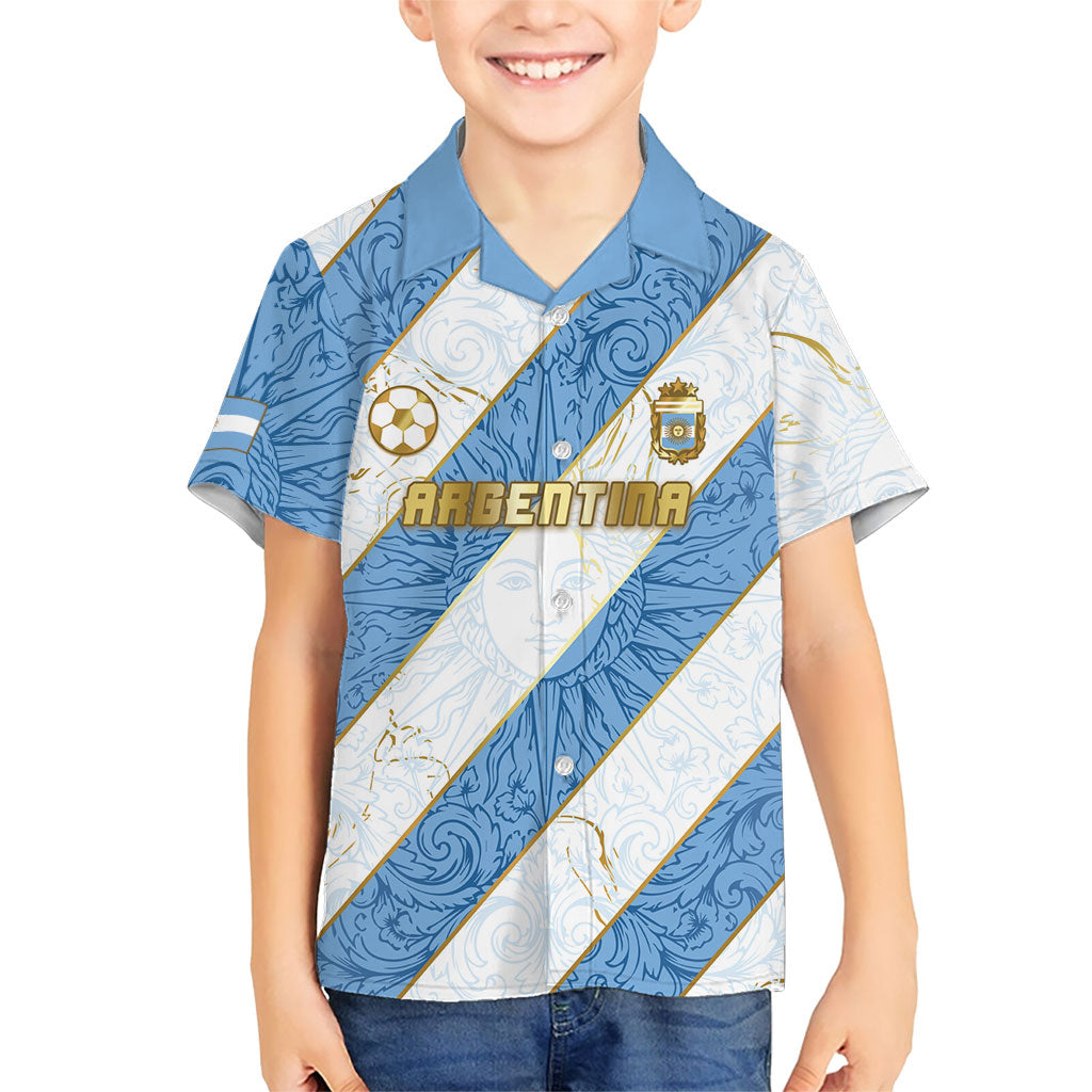 Custom Argentina Football Kid Hawaiian Shirt Sun Of May Baroque Filigree Gold Striped Patterns