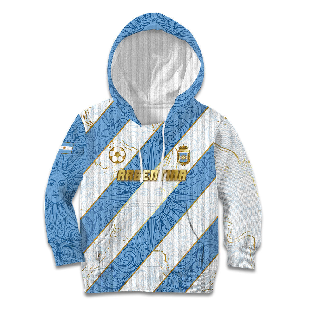 Custom Argentina Football Kid Hoodie Sun Of May Baroque Filigree Gold Striped Patterns