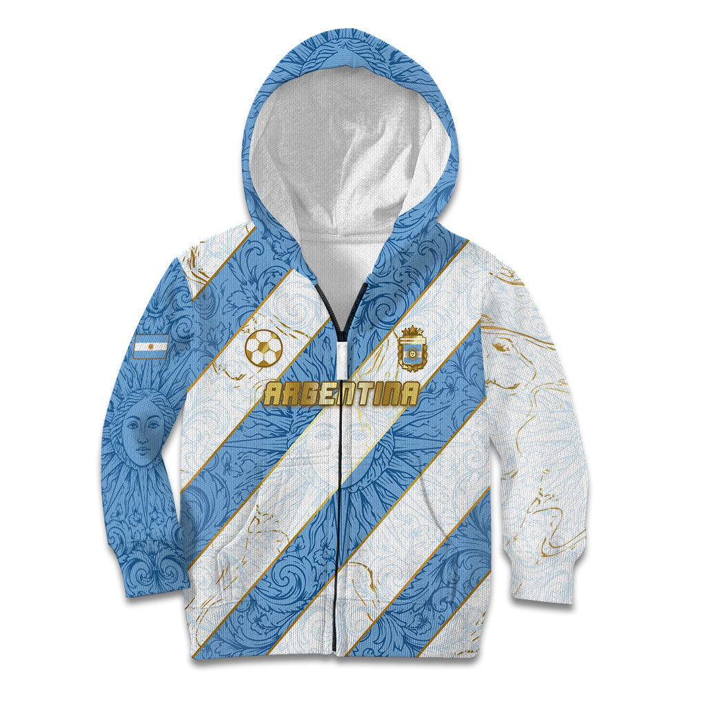 Custom Argentina Football Kid Hoodie Sun Of May Baroque Filigree Gold Striped Patterns