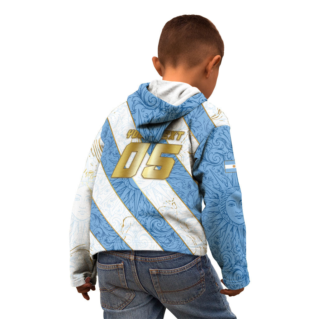 Custom Argentina Football Kid Hoodie Sun Of May Baroque Filigree Gold Striped Patterns