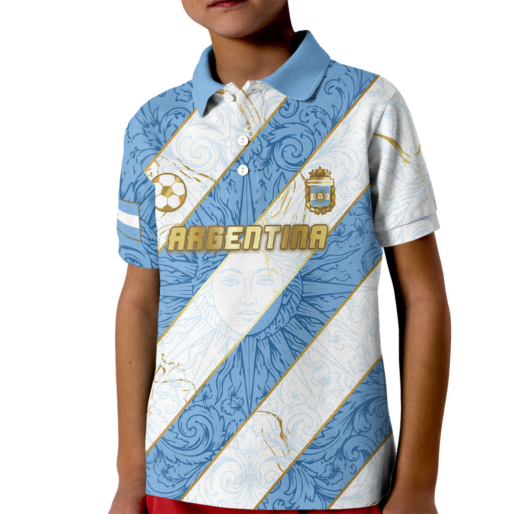 Custom Argentina Football Kid Polo Shirt Sun Of May Baroque Filigree Gold Striped Patterns