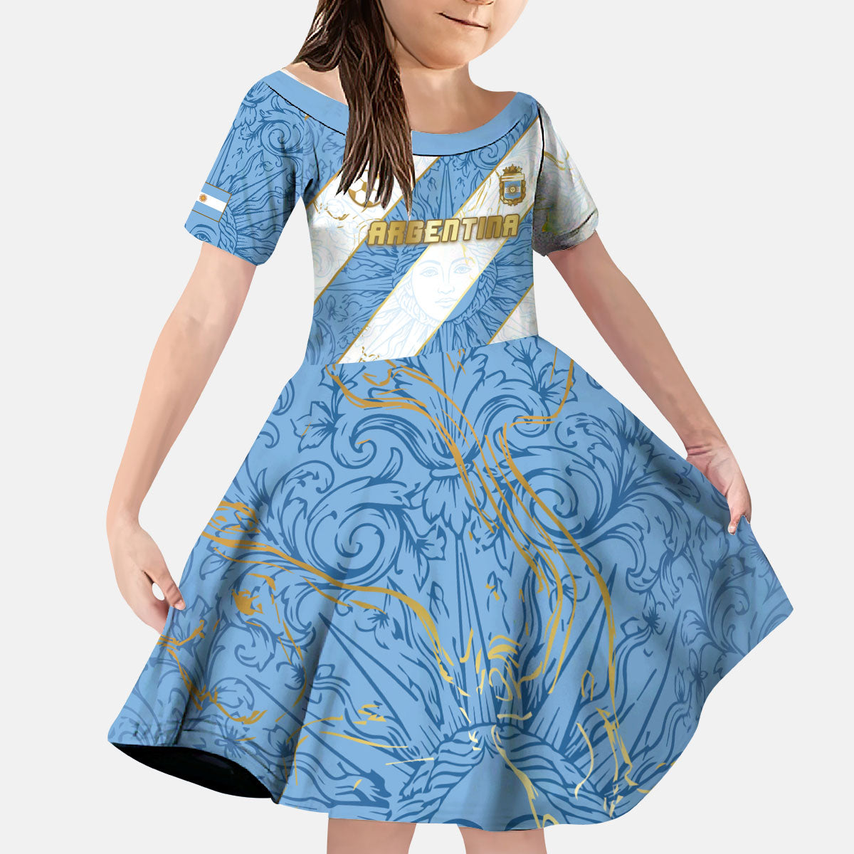 Custom Argentina Football Kid Short Sleeve Dress Sun Of May Baroque Filigree Gold Striped Patterns