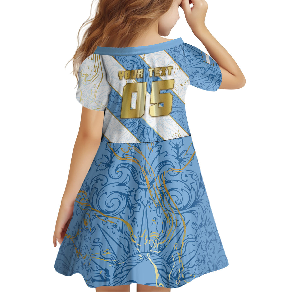 Custom Argentina Football Kid Short Sleeve Dress Sun Of May Baroque Filigree Gold Striped Patterns