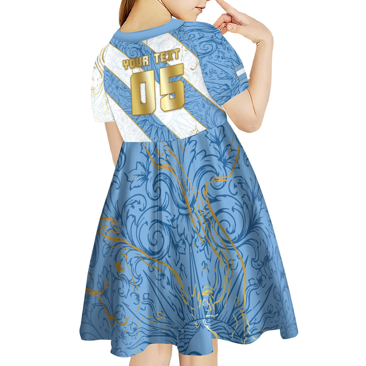 Custom Argentina Football Kid Short Sleeve Dress Sun Of May Baroque Filigree Gold Striped Patterns