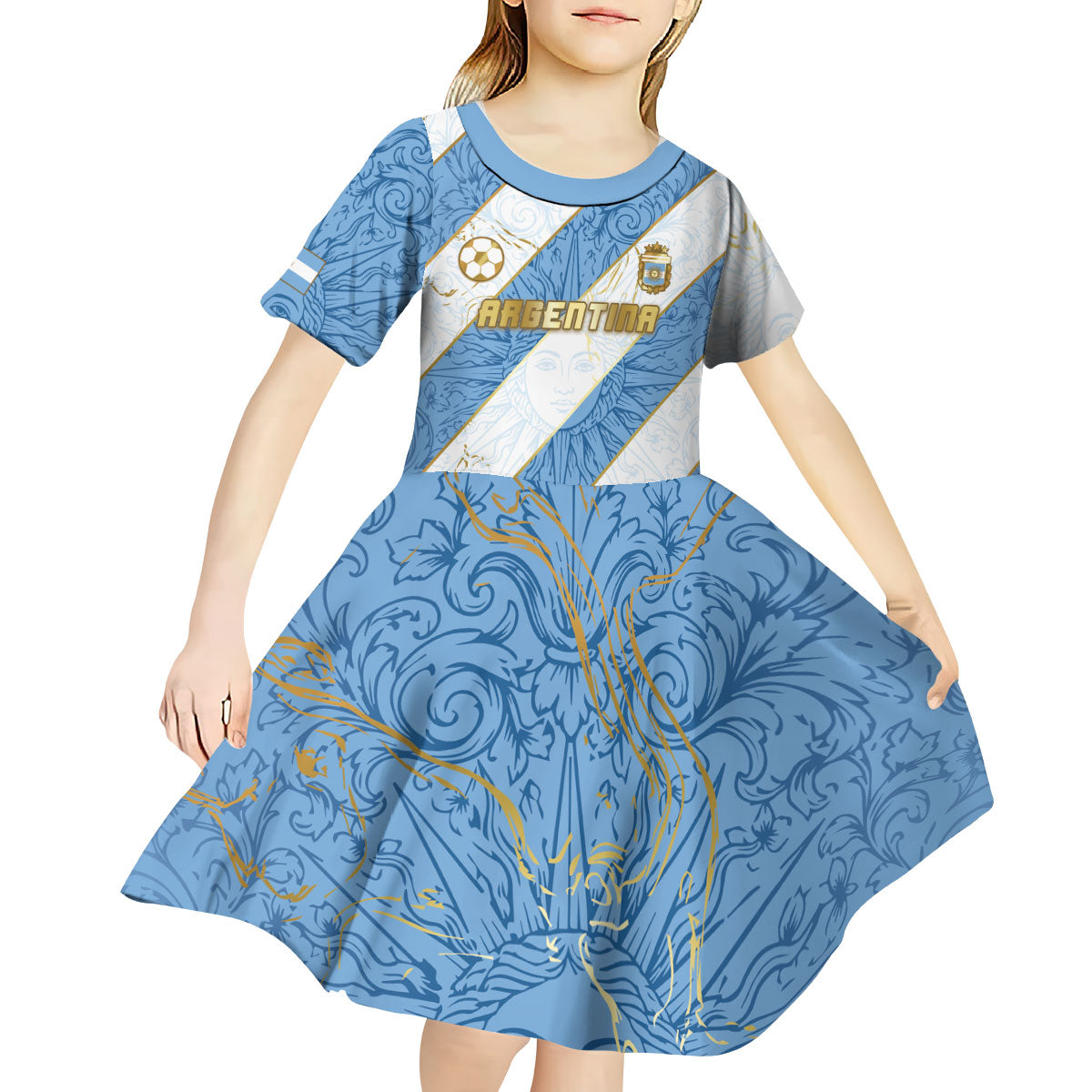 Custom Argentina Football Kid Short Sleeve Dress Sun Of May Baroque Filigree Gold Striped Patterns