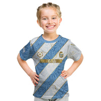 Custom Argentina Football Kid T Shirt Sun Of May Baroque Filigree Gold Striped Patterns