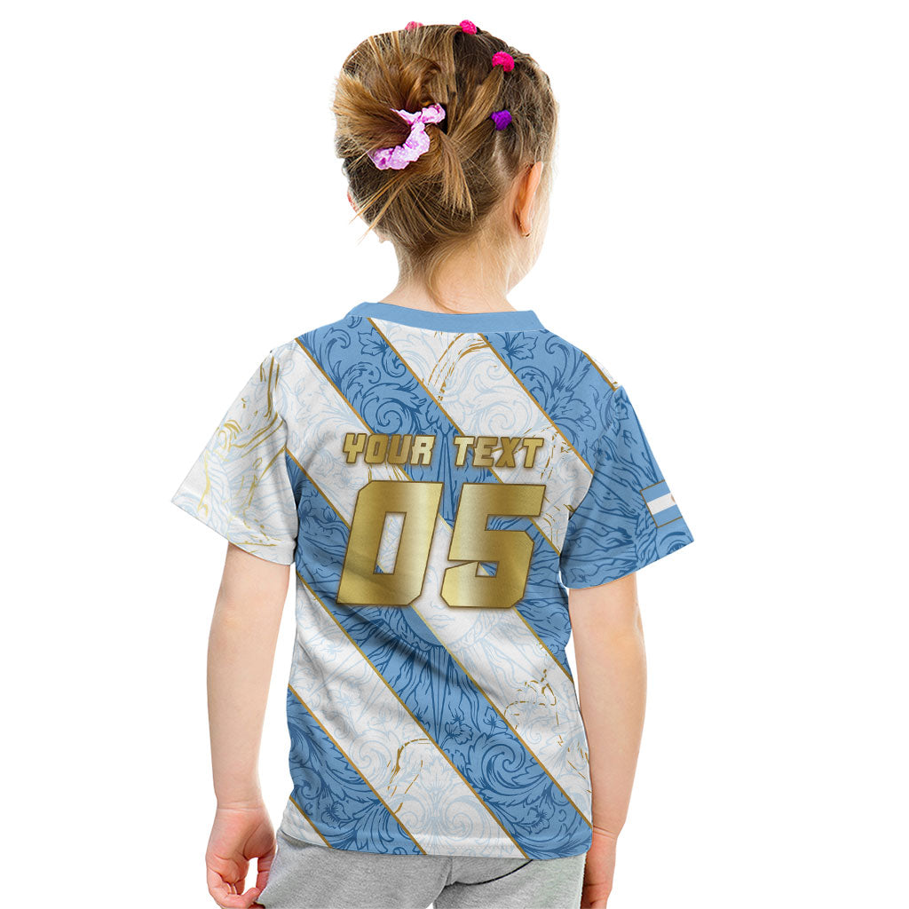 Custom Argentina Football Kid T Shirt Sun Of May Baroque Filigree Gold Striped Patterns