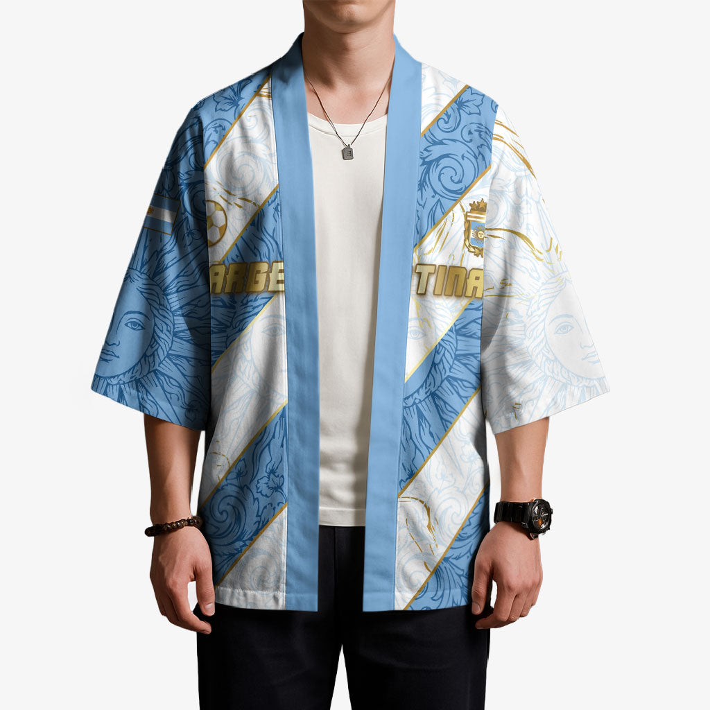 Custom Argentina Football Kimono Sun Of May Baroque Filigree Gold Striped Patterns
