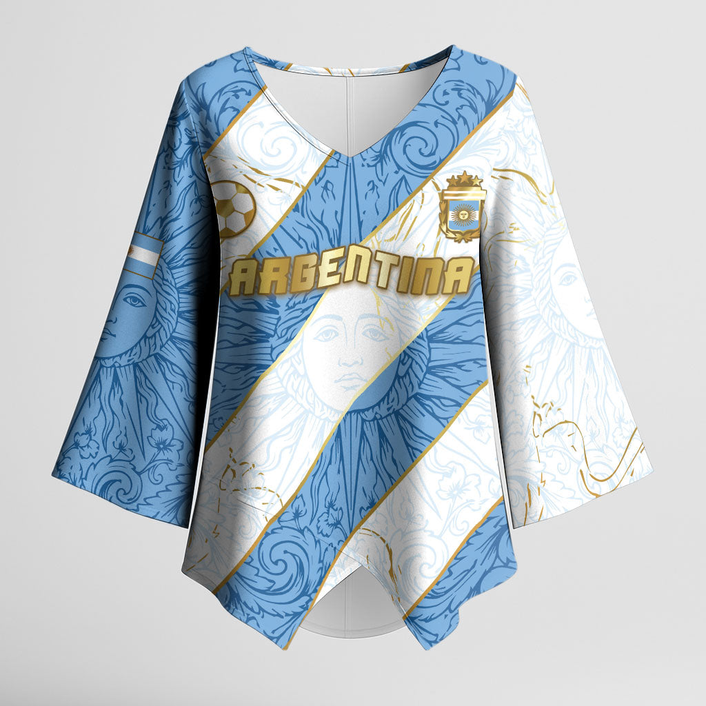 Custom Argentina Football Kimono Sleeve Blouse Sun Of May Baroque Filigree Gold Striped Patterns