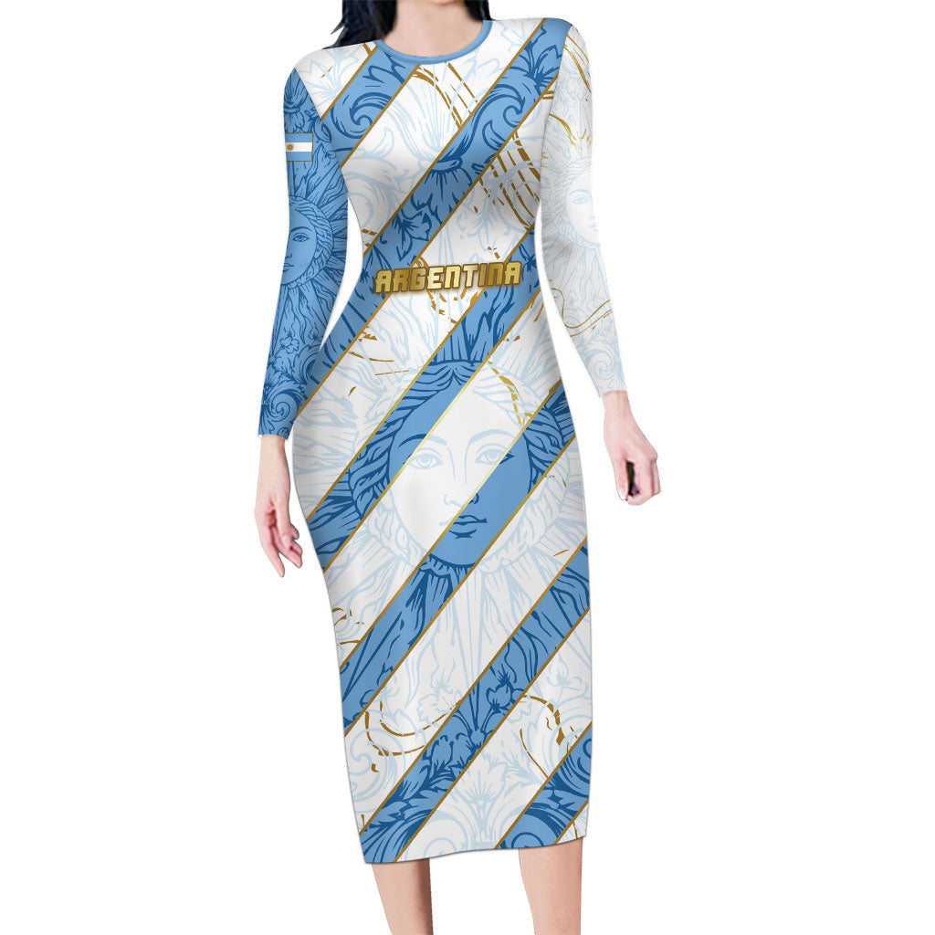 Custom Argentina Football Long Sleeve Bodycon Dress Sun Of May Baroque Filigree Gold Striped Patterns