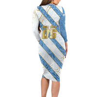 Custom Argentina Football Long Sleeve Bodycon Dress Sun Of May Baroque Filigree Gold Striped Patterns