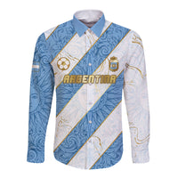 Custom Argentina Football Long Sleeve Button Shirt Sun Of May Baroque Filigree Gold Striped Patterns