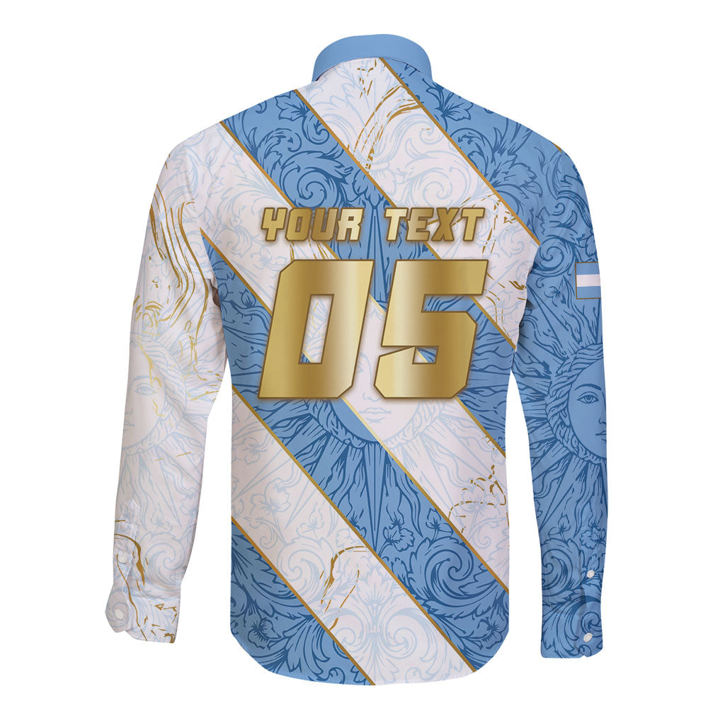 Custom Argentina Football Long Sleeve Button Shirt Sun Of May Baroque Filigree Gold Striped Patterns