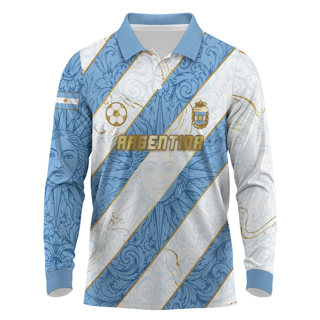 Custom Argentina Football Long Sleeve Polo Shirt Sun Of May Baroque Filigree Gold Striped Patterns