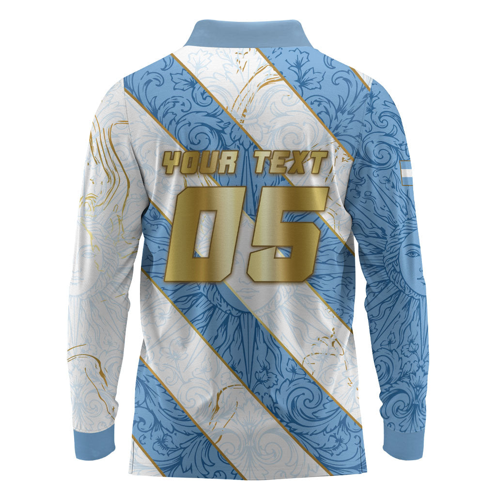 Custom Argentina Football Long Sleeve Polo Shirt Sun Of May Baroque Filigree Gold Striped Patterns