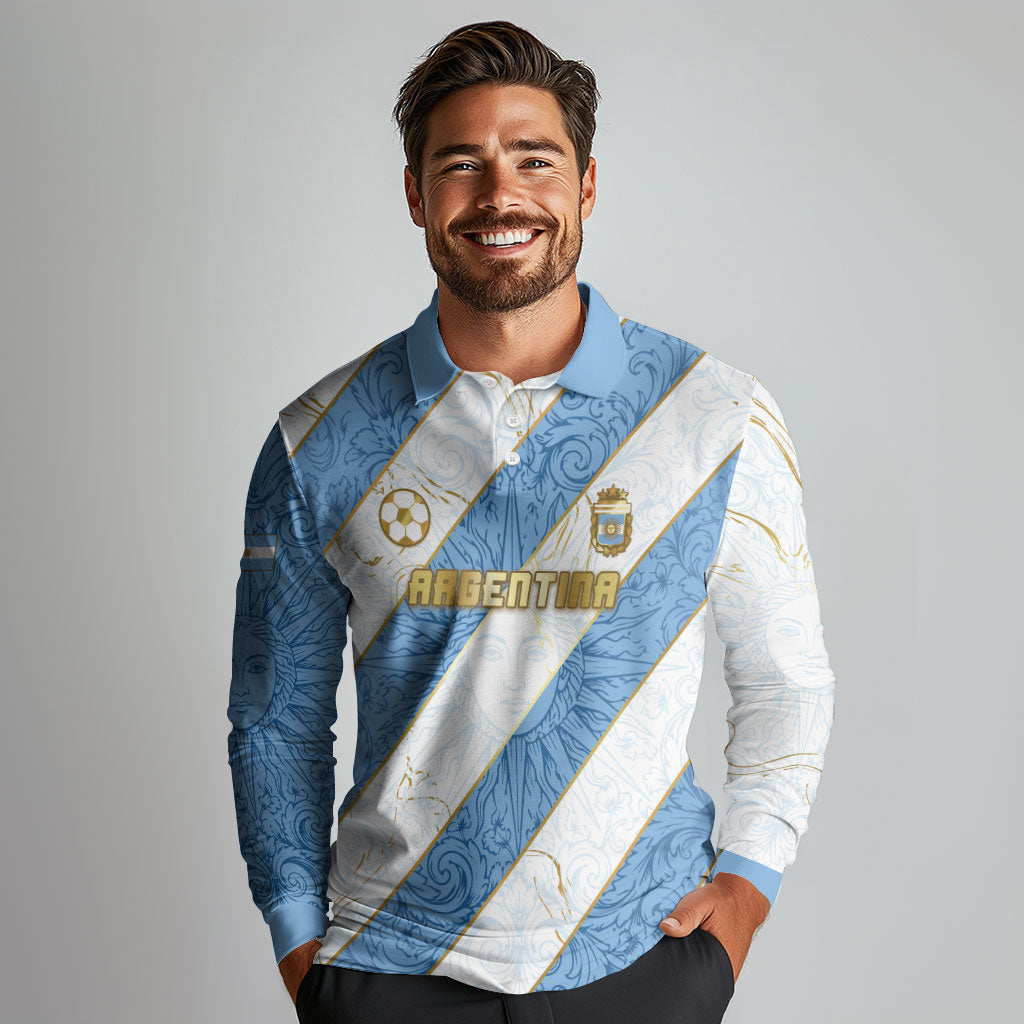 Custom Argentina Football Long Sleeve Polo Shirt Sun Of May Baroque Filigree Gold Striped Patterns
