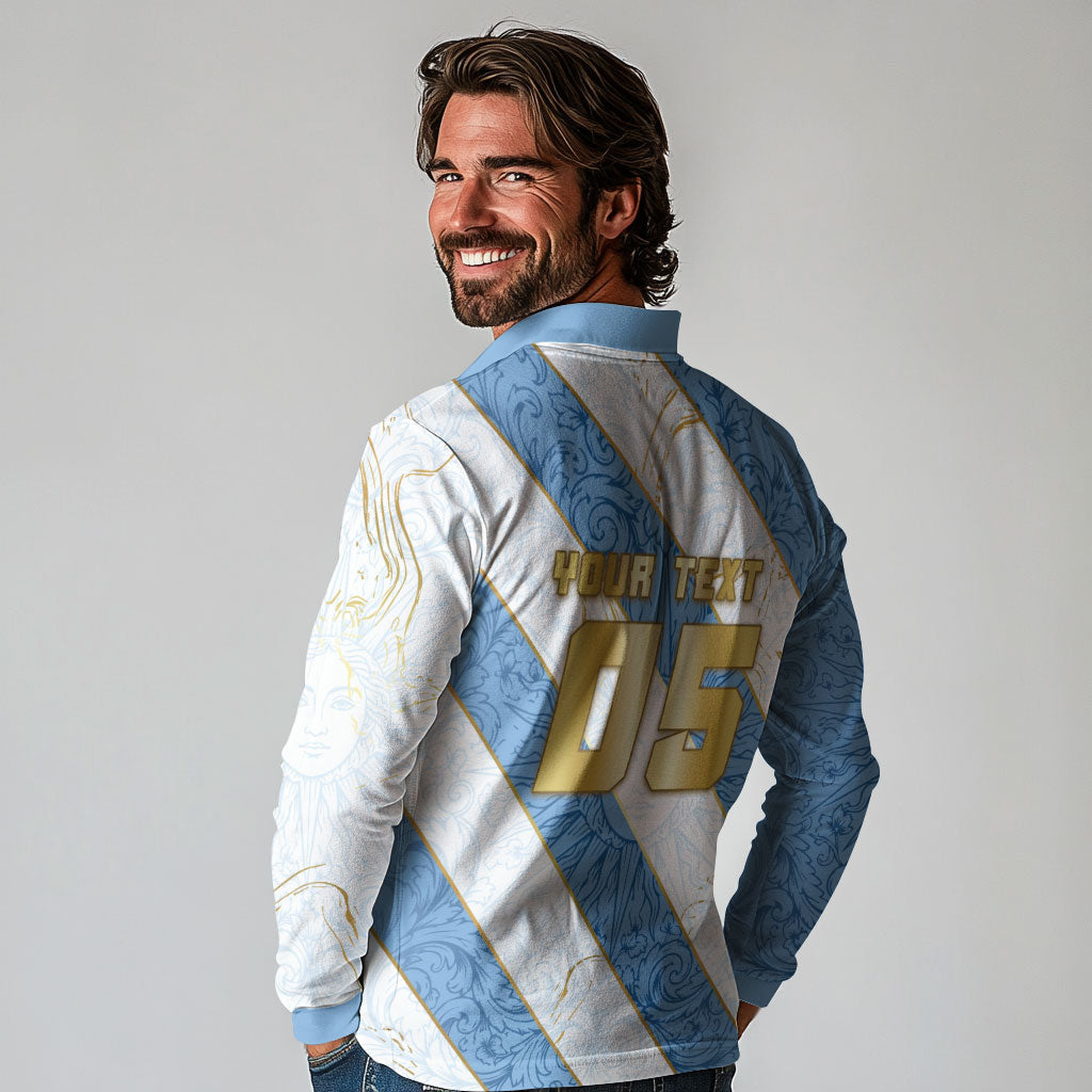 Custom Argentina Football Long Sleeve Polo Shirt Sun Of May Baroque Filigree Gold Striped Patterns