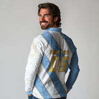 Custom Argentina Football Long Sleeve Polo Shirt Sun Of May Baroque Filigree Gold Striped Patterns