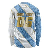 Custom Argentina Football Long Sleeve Shirt Sun Of May Baroque Filigree Gold Striped Patterns