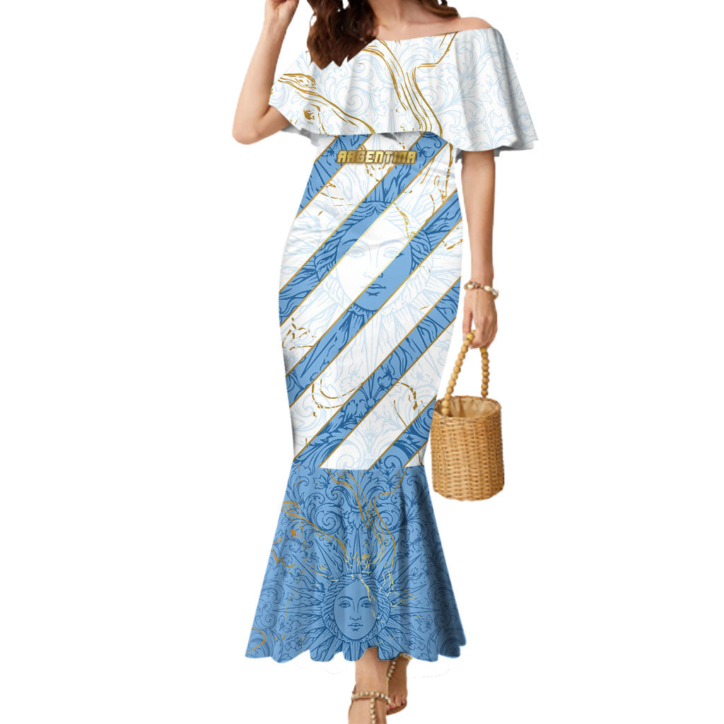 Custom Argentina Football Mermaid Dress Sun Of May Baroque Filigree Gold Striped Patterns