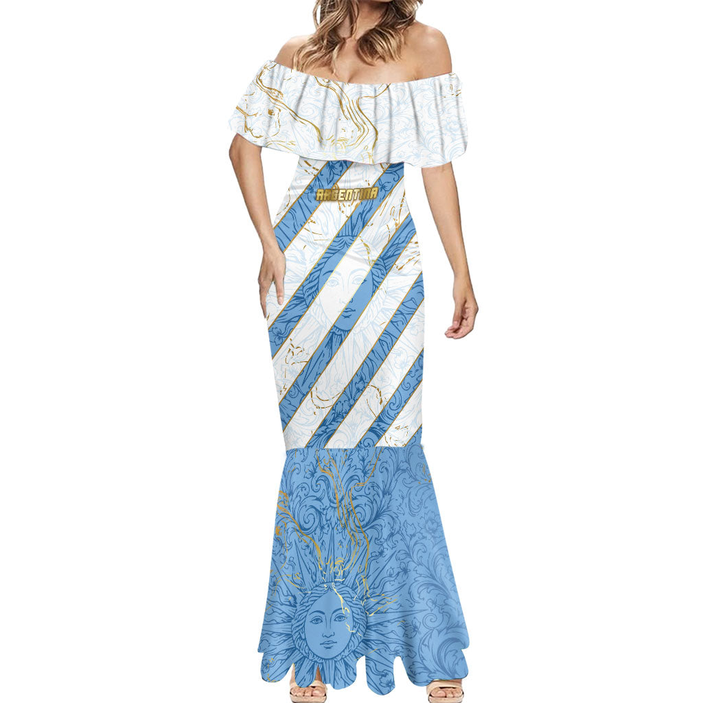 Custom Argentina Football Mermaid Dress Sun Of May Baroque Filigree Gold Striped Patterns