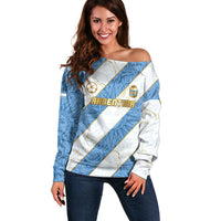 Custom Argentina Football Off Shoulder Sweater Sun Of May Baroque Filigree Gold Striped Patterns