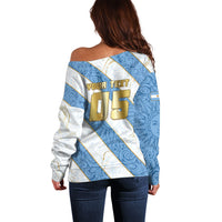 Custom Argentina Football Off Shoulder Sweater Sun Of May Baroque Filigree Gold Striped Patterns
