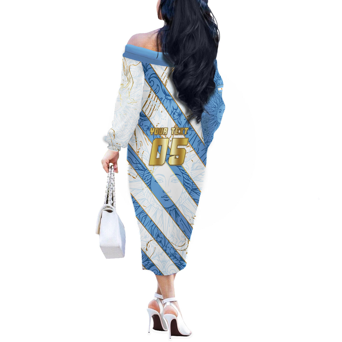 Custom Argentina Football Off The Shoulder Long Sleeve Dress Sun Of May Baroque Filigree Gold Striped Patterns