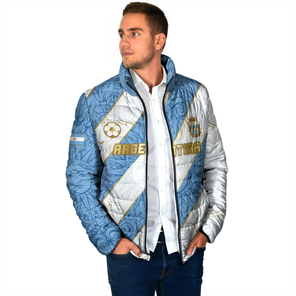 Custom Argentina Football Padded Jacket Sun Of May Baroque Filigree Gold Striped Patterns