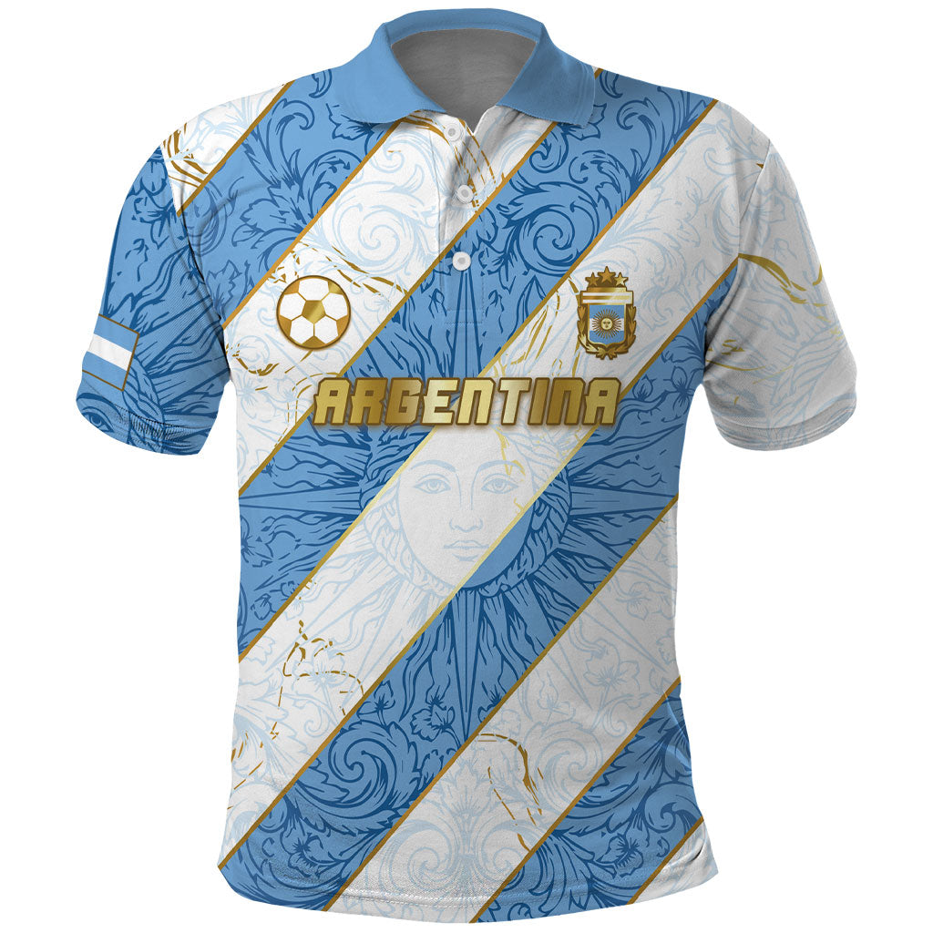 Custom Argentina Football Polo Shirt Sun Of May Baroque Filigree Gold Striped Patterns