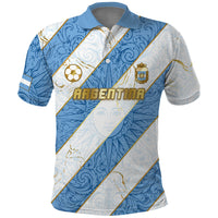 Custom Argentina Football Polo Shirt Sun Of May Baroque Filigree Gold Striped Patterns