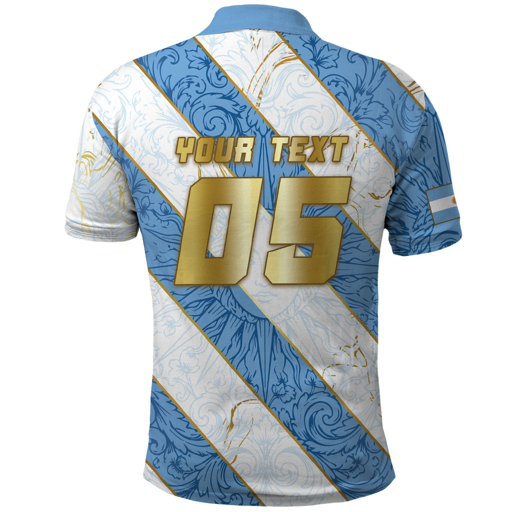 Custom Argentina Football Polo Shirt Sun Of May Baroque Filigree Gold Striped Patterns