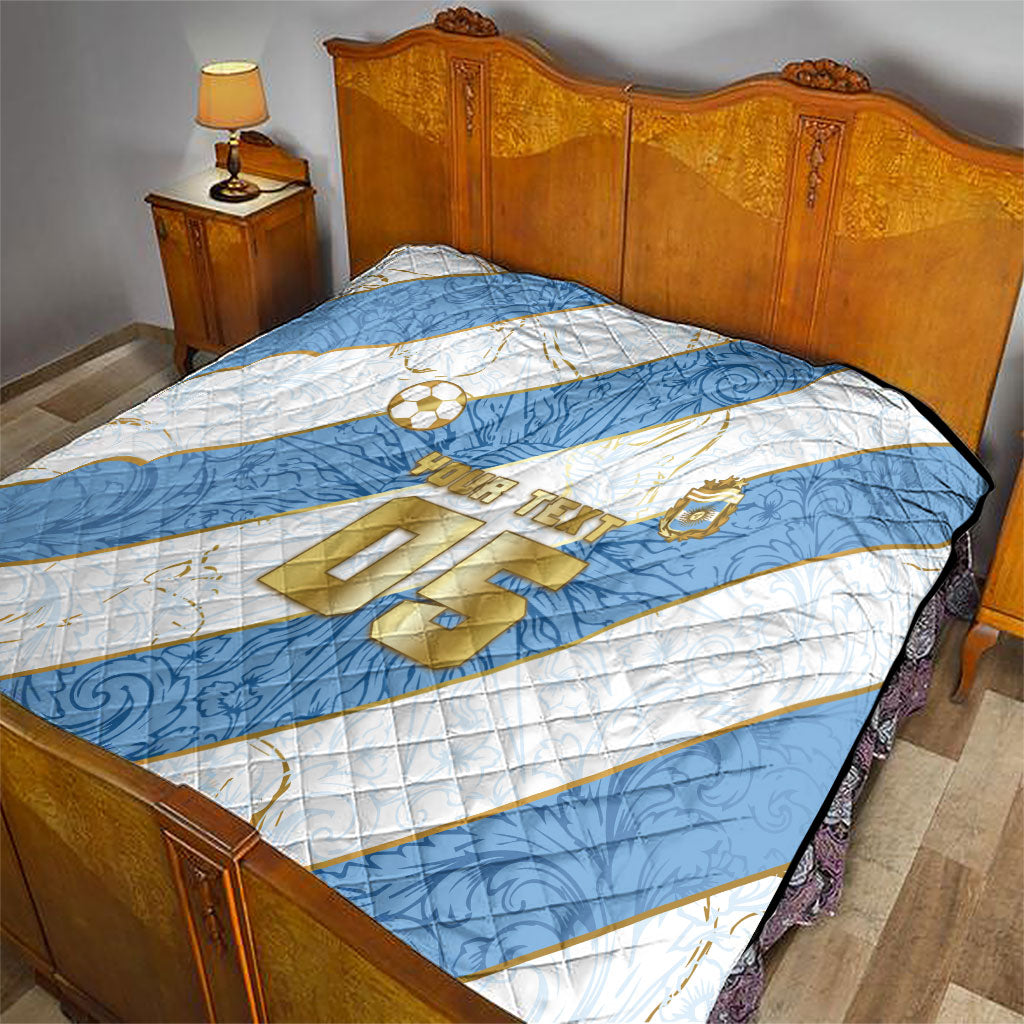 Custom Argentina Football Quilt Sun Of May Baroque Filigree Gold Striped Patterns