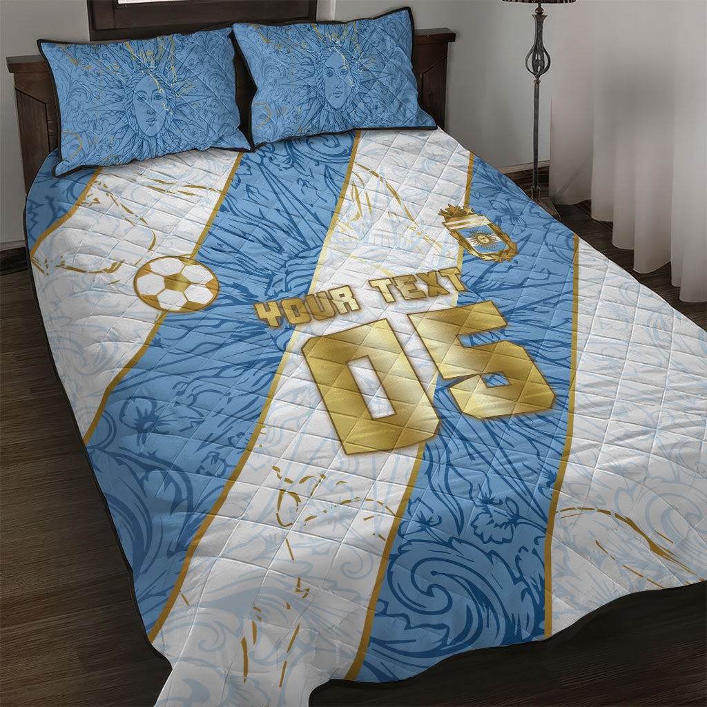 Custom Argentina Football Quilt Bed Set Sun Of May Baroque Filigree Gold Striped Patterns