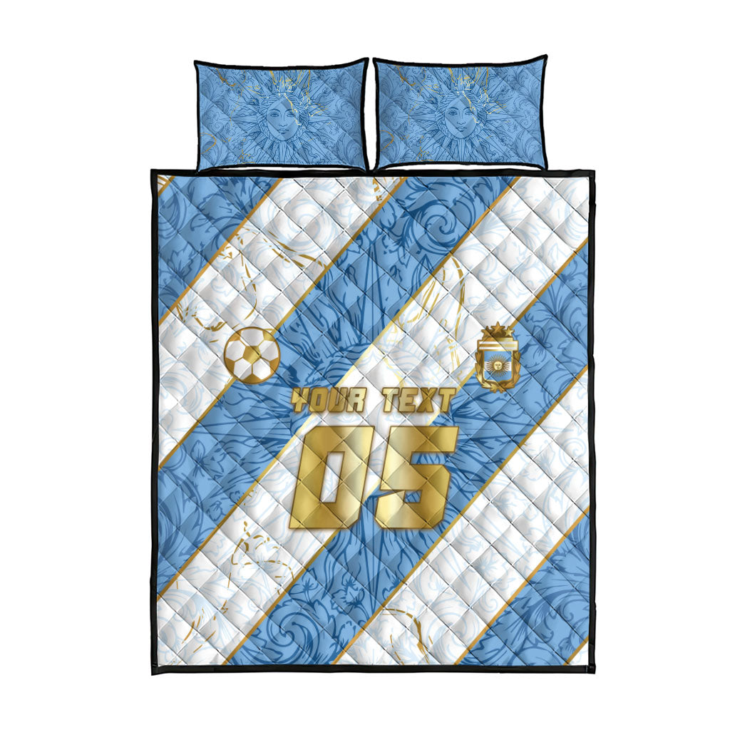 Custom Argentina Football Quilt Bed Set Sun Of May Baroque Filigree Gold Striped Patterns